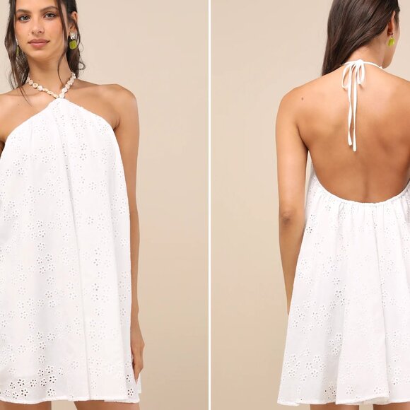 NWT Lulus Mina White Eyelet Embroidered Shift Mini Dress - Picture 1 of 6
